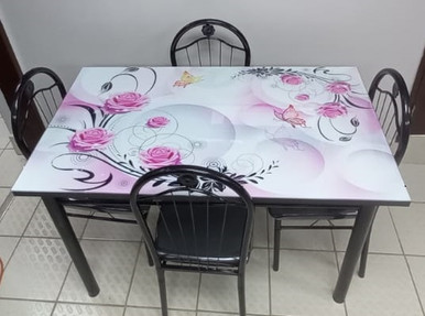 GLASS DINING TABLE A31-M49-4 WITH 4 CHAIR SET PINK & BLACK FLOWERS - A. Ally & Sons