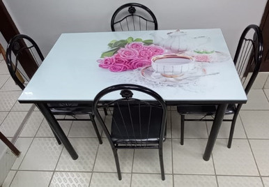 GLASS DINING TABLE A31-M88-5 WITH 4 CHAIR SET PINK & GREEN FLOWERS - A. Ally & Sons